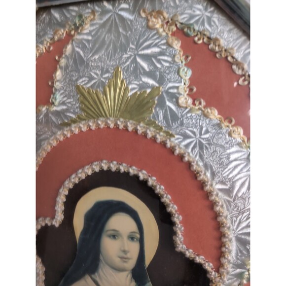 Antique Convex Glass Wall Picture St. Therese Of Lisieux 30's Mary Icon MCM - Picture 7 of 9